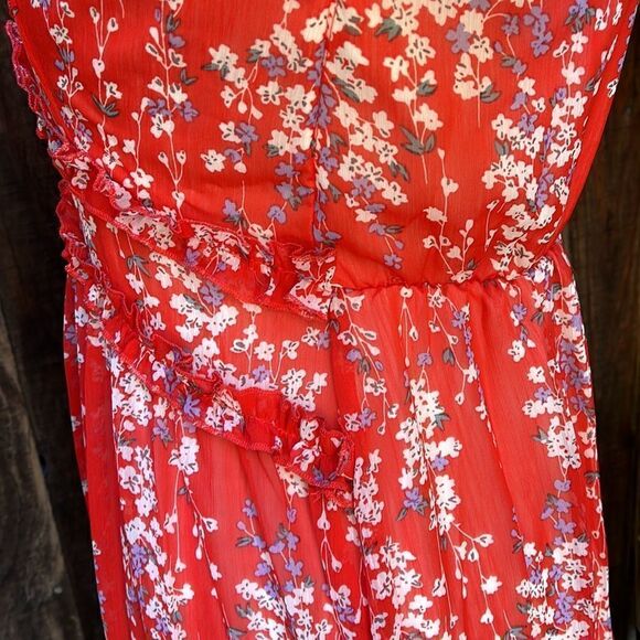 RED FLORAL RUFFLED LONG SLEEVED DRESS Size S M  BNWT - Picture 8 of 9